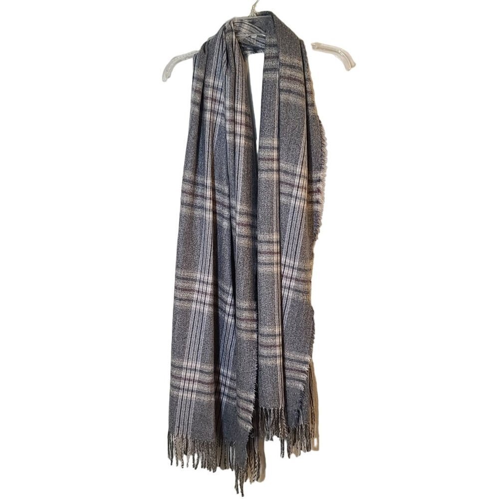 Unbranded Soft Wool Blend Plaid Scarf Gray Blue Tassels Frayed Edge 84" x ‎ 28"